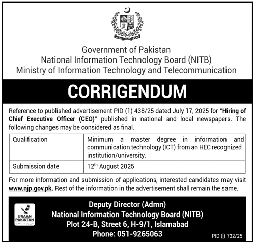 Ministry of Information Technology & Communication Islamabad Tender Notice